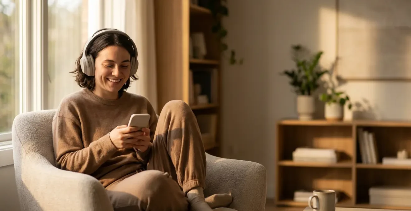 Personne détendue apprenant l'anglais avec smartphone et casque dans un environnement cosy