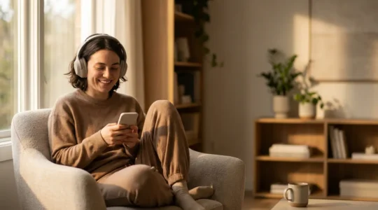 Personne détendue apprenant l'anglais avec smartphone et casque dans un environnement cosy