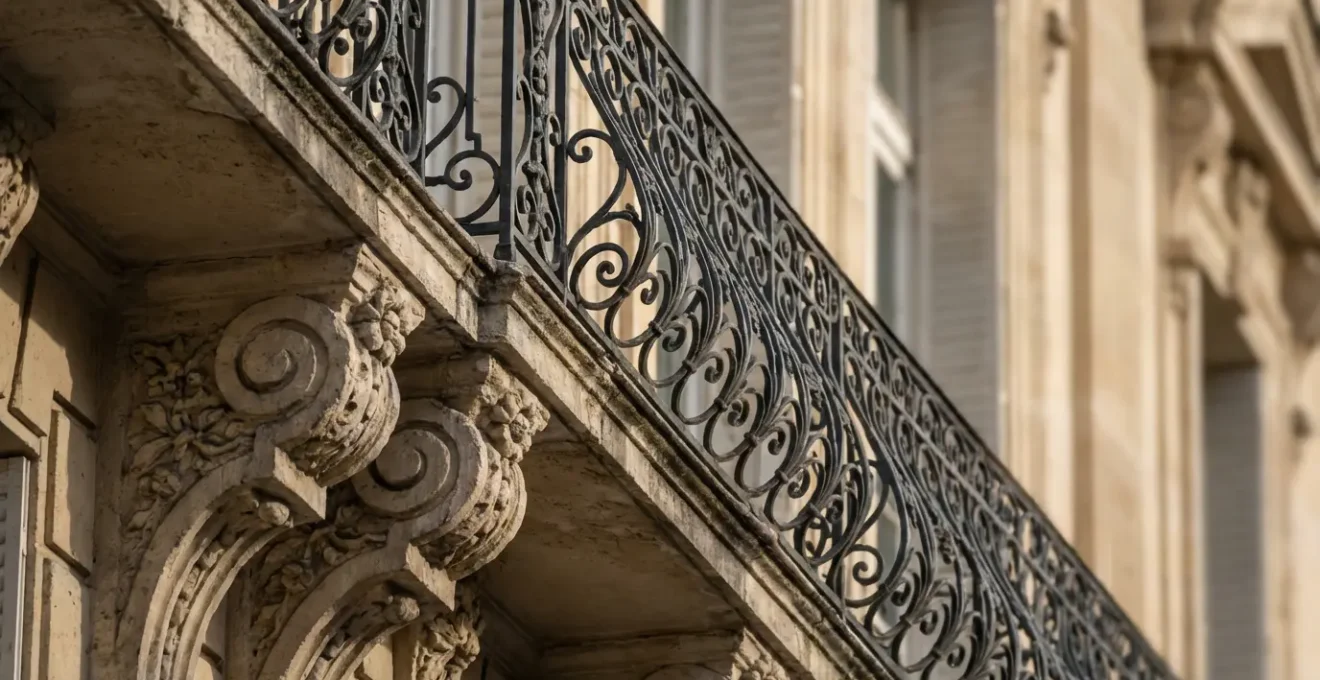 Détail architectural des façades haussmanniennes avec leurs balcons filants caractéristiques et leurs ornements en pierre