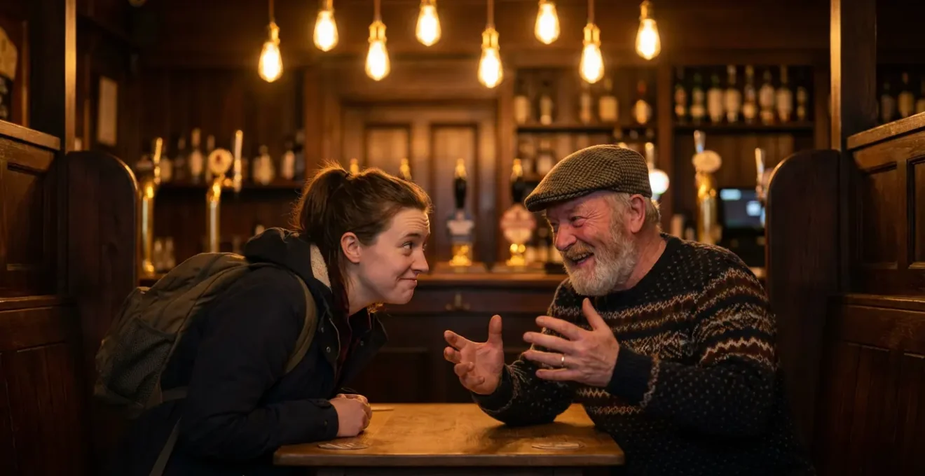 Conversation animée dans un pub écossais traditionnel, focus sur les expressions et gestes