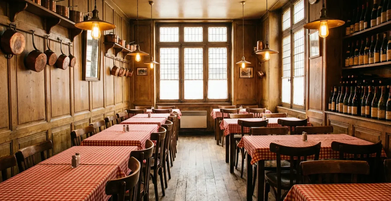 Intérieur chaleureux d'un bouchon lyonnais traditionnel avec tables serrées et nappes à carreaux rouges