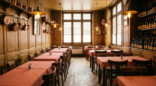Intérieur chaleureux d'un bouchon lyonnais traditionnel avec tables serrées et nappes à carreaux rouges