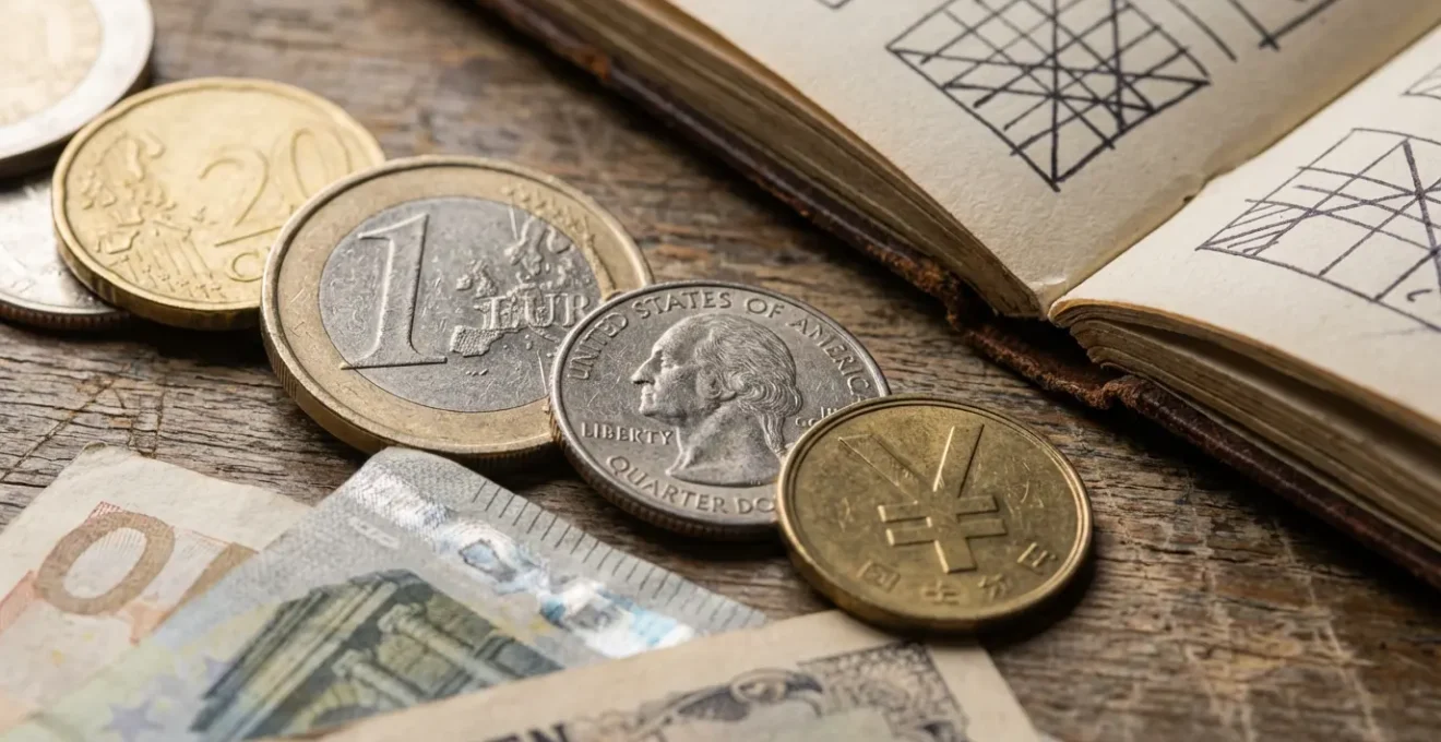 Composition artistique de différentes devises mondiales avec carnet de budget voyage