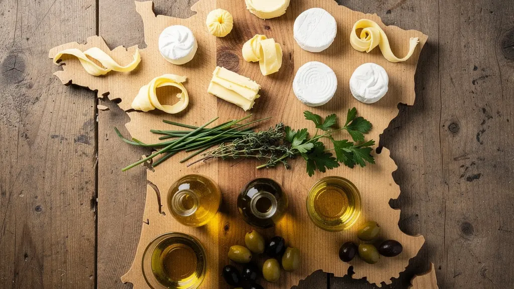 Carte stylisée de la France montrant la division culinaire entre nord et sud avec ingrédients typiques