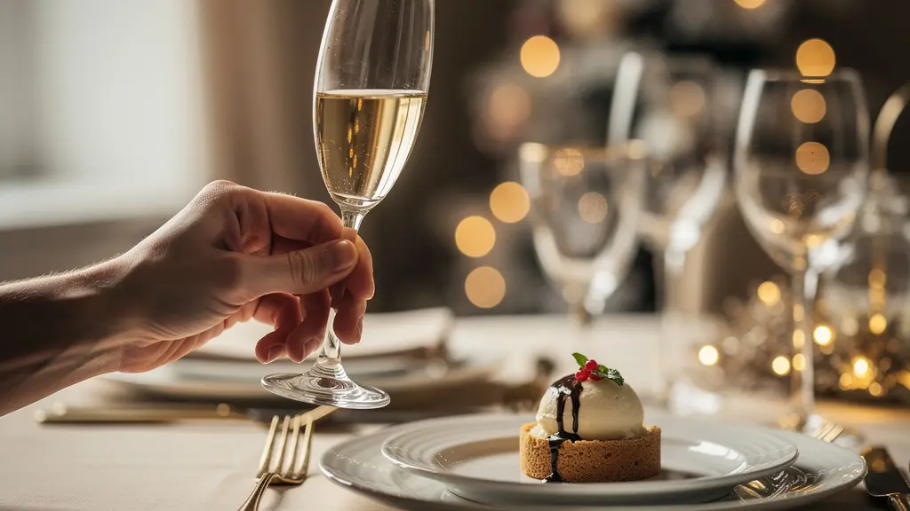 Flûte de champagne demi-sec à côté d'un dessert élégant dans une ambiance raffinée