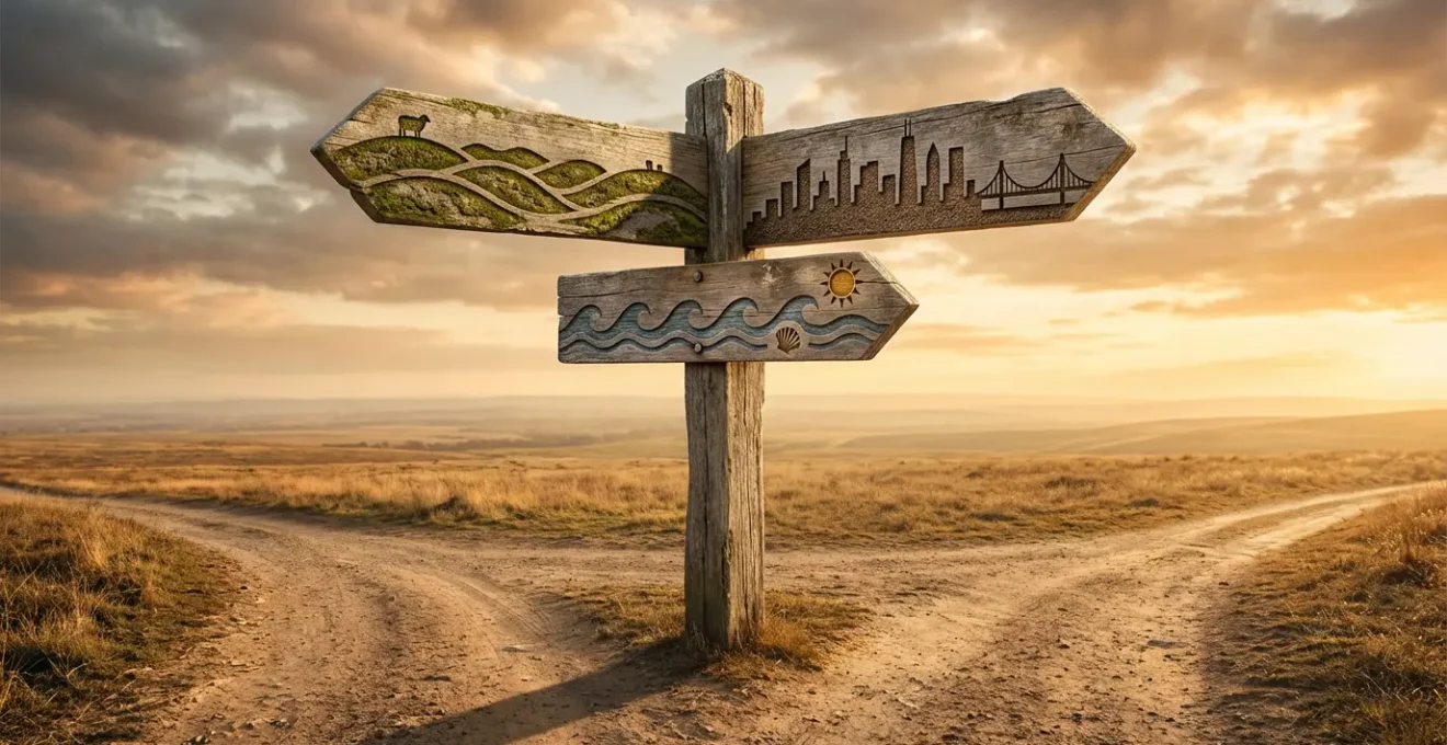 Carrefour décisionnel avec panneaux directionnels pointant vers Londres, New York et Sydney, photographié au coucher du soleil