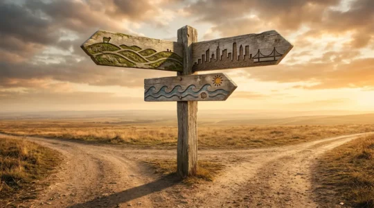 Carrefour décisionnel avec panneaux directionnels pointant vers Londres, New York et Sydney, photographié au coucher du soleil