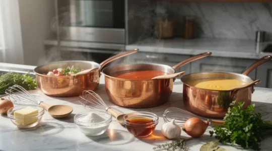 Préparation des cinq sauces mères de la cuisine française dans une cuisine professionnelle