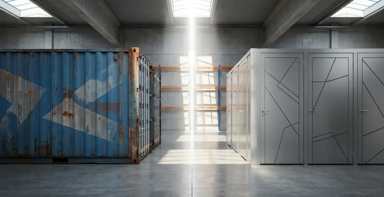 Container maritime et box de stockage côte à côte dans un entrepôt moderne