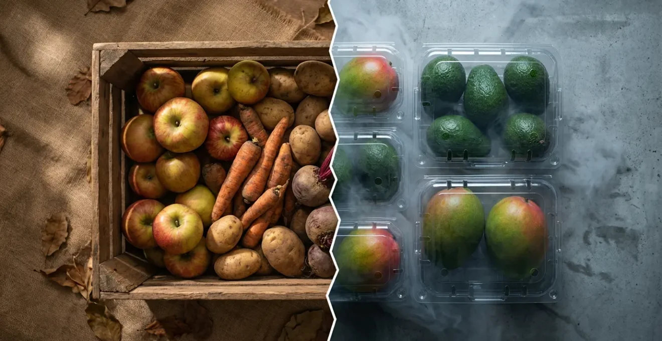 Composition minimaliste montrant des produits locaux et importés avec leur empreinte carbone symbolisée