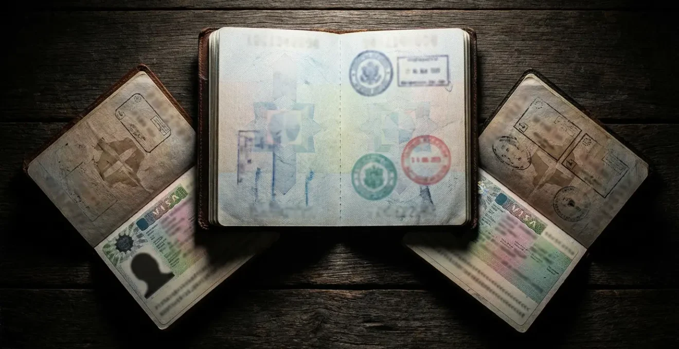 Trois passeports ouverts montrant différents types de visas et tampons, disposés en éventail