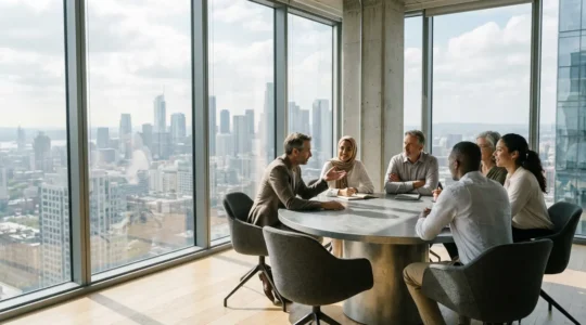 Professionnels internationaux collaborant autour d'une table ronde dans un espace moderne avec vue panoramique