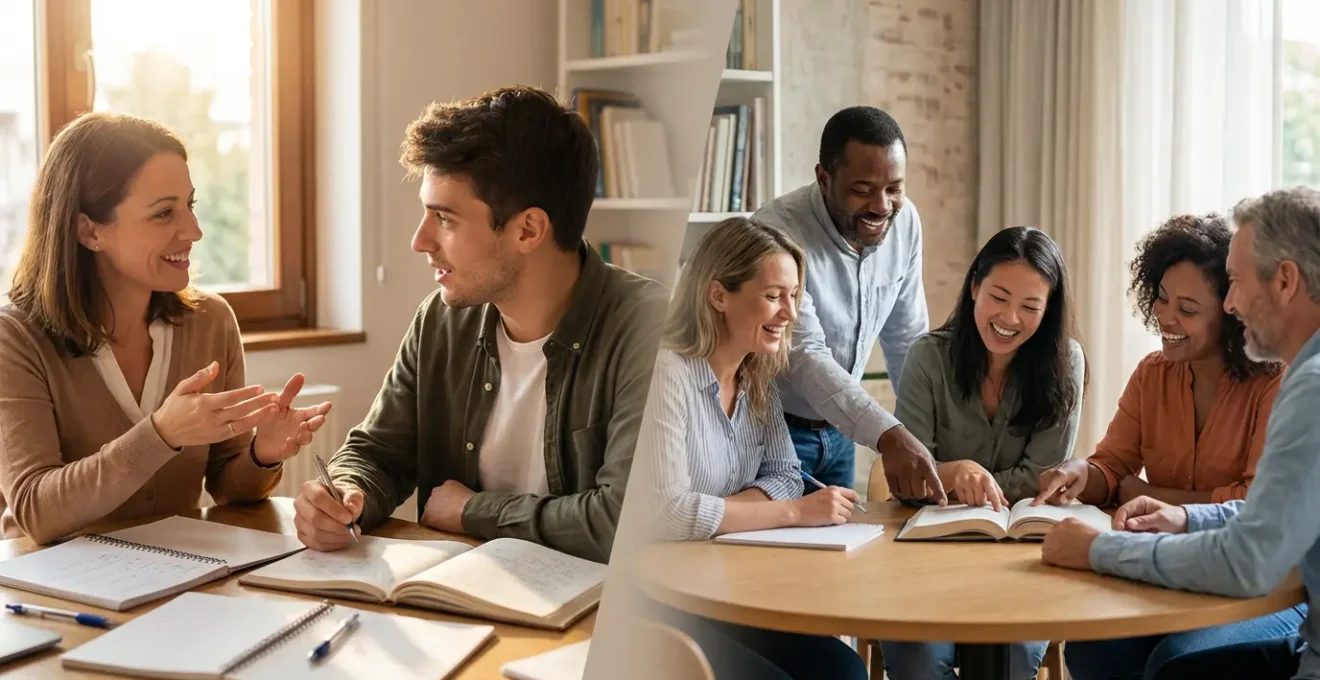 Deux scènes d'apprentissage des langues côte à côte montrant un cours particulier et un cours en groupe