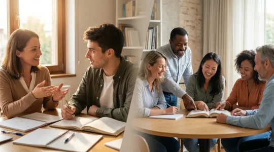Deux scènes d'apprentissage des langues côte à côte montrant un cours particulier et un cours en groupe