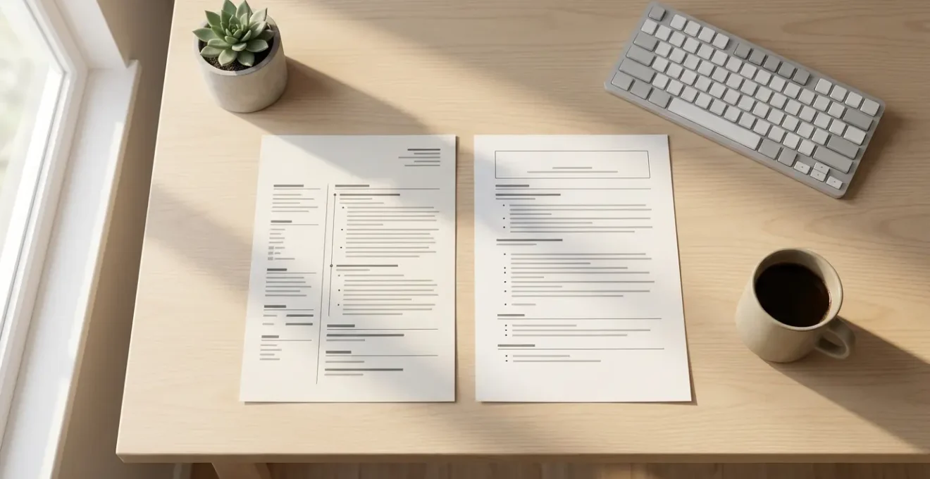 Bureau moderne avec CV français et Resume anglo-saxon côte à côte sur un bureau en bois clair