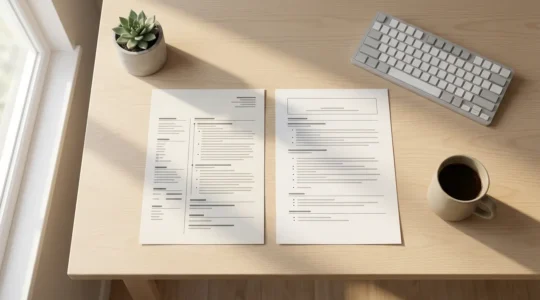 Bureau moderne avec CV français et Resume anglo-saxon côte à côte sur un bureau en bois clair