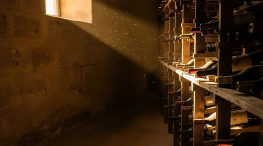 Cave à vin prestigieuse avec bouteilles millésimées de Bordeaux dans un environnement luxueux
