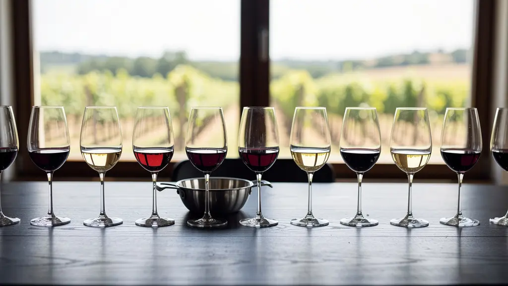 Scène de dégustation professionnelle avec verres de vin et crachoir discret sur table en bois