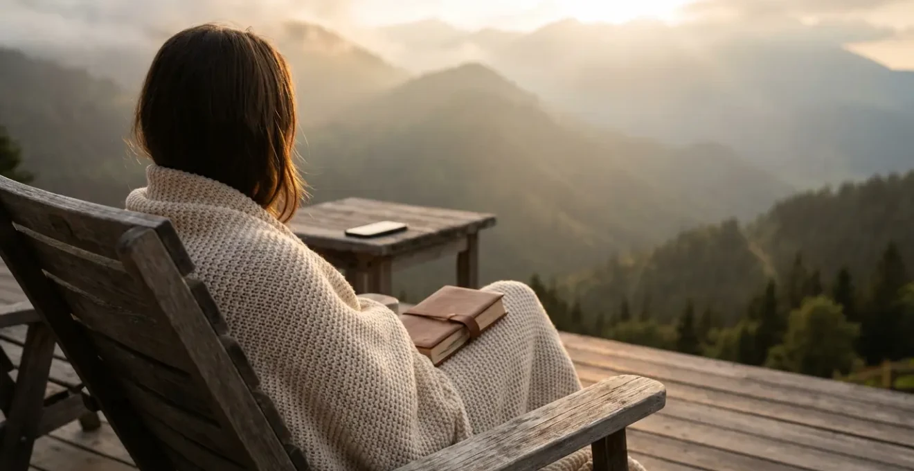 Personne sereine en pleine nature contemplant un paysage montagneux sans téléphone visible