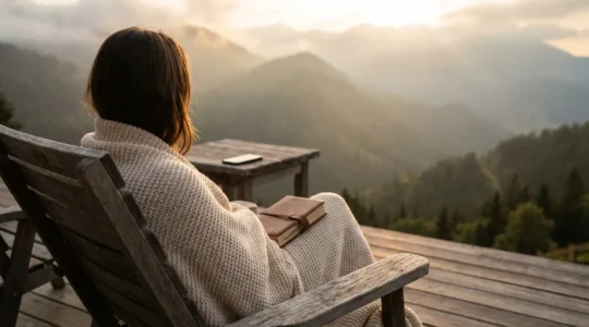 Personne sereine en pleine nature contemplant un paysage montagneux sans téléphone visible