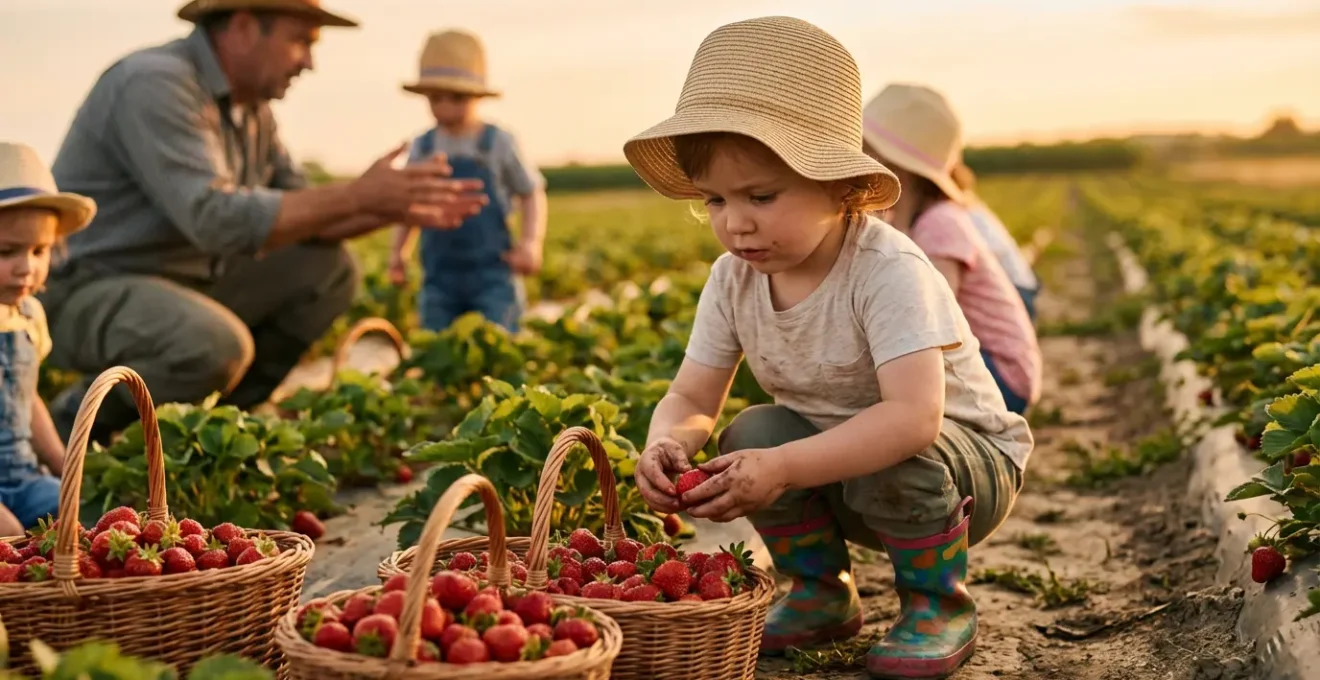 Enfants cueillant des fraises dans un champ avec des paniers en osier sous la supervision d'un agriculteur
