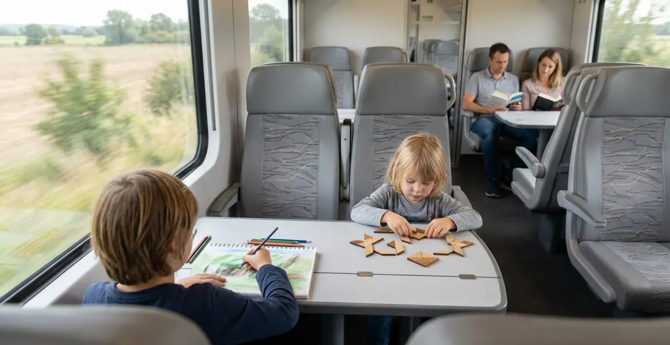 Enfants dessinant et jouant dans un compartiment de train avec cahiers d'activités et vue panoramique