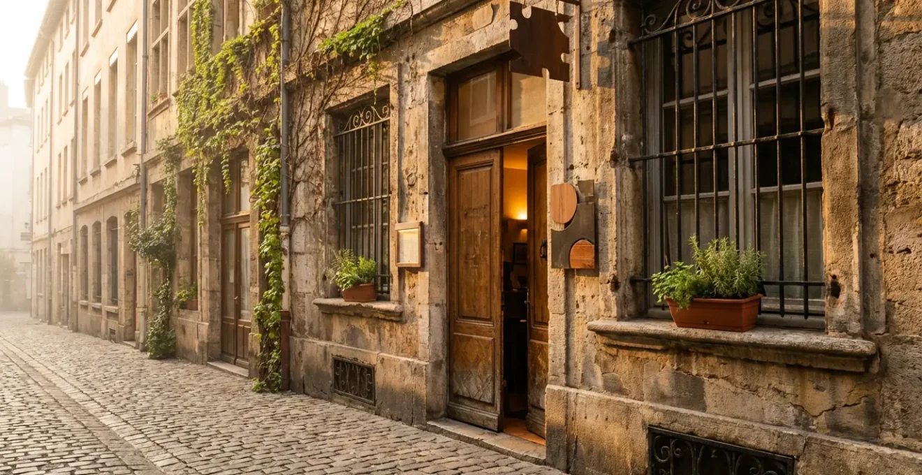 Façade typique d'un bouchon lyonnais authentique dans une ruelle pavée