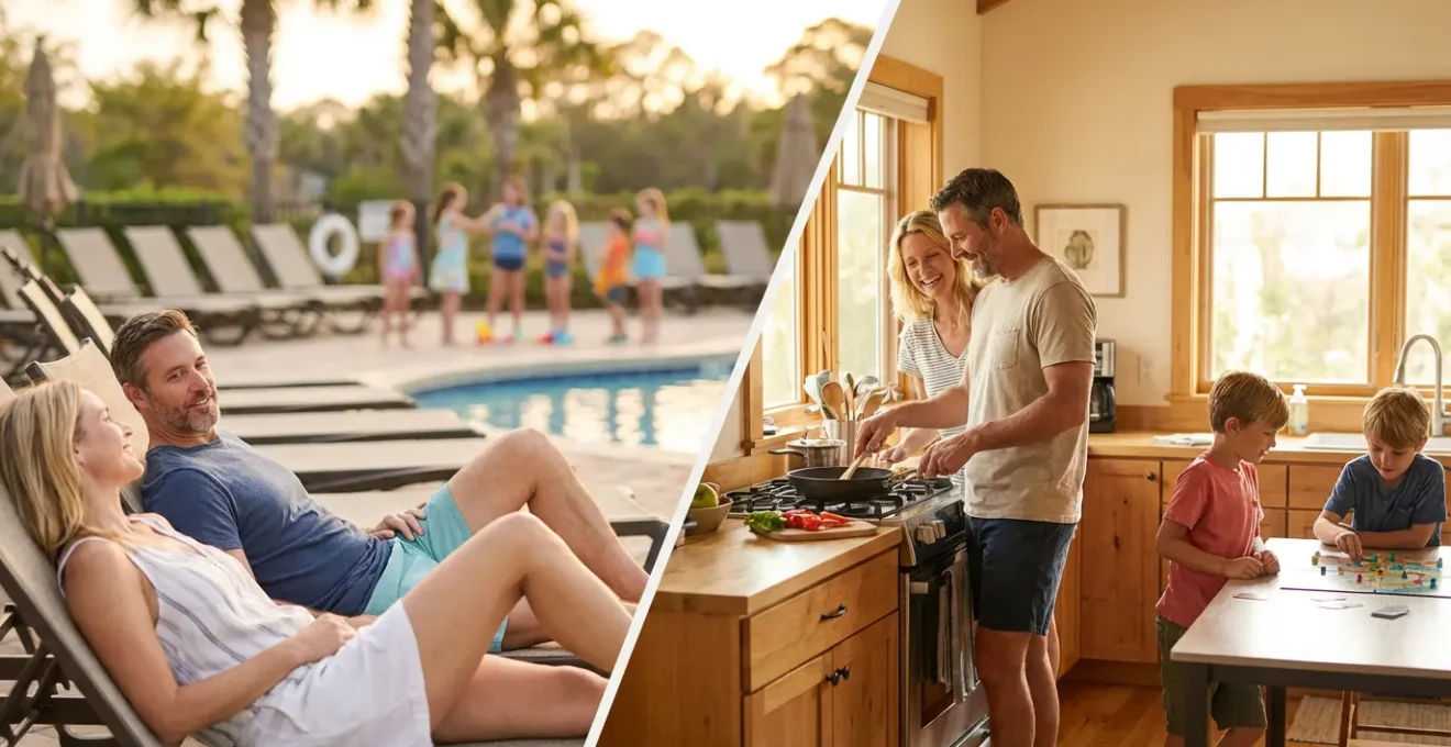 Famille en vacances face à un choix entre club et location, parents réfléchissant pendant que les enfants jouent