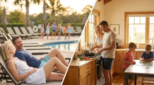 Famille en vacances face à un choix entre club et location, parents réfléchissant pendant que les enfants jouent