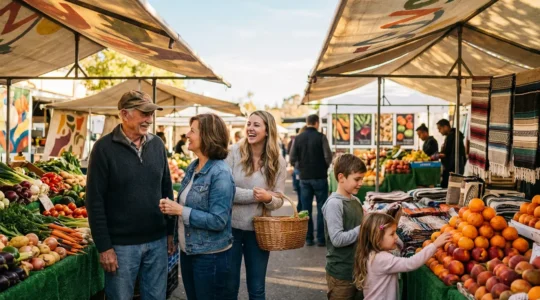 Famille multigénérationnelle explorant ensemble un marché local coloré avec enfants curieux et parents détendus