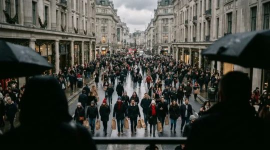 Foule dense de shoppers dans une rue commerçante de Londres le jour du Boxing Day