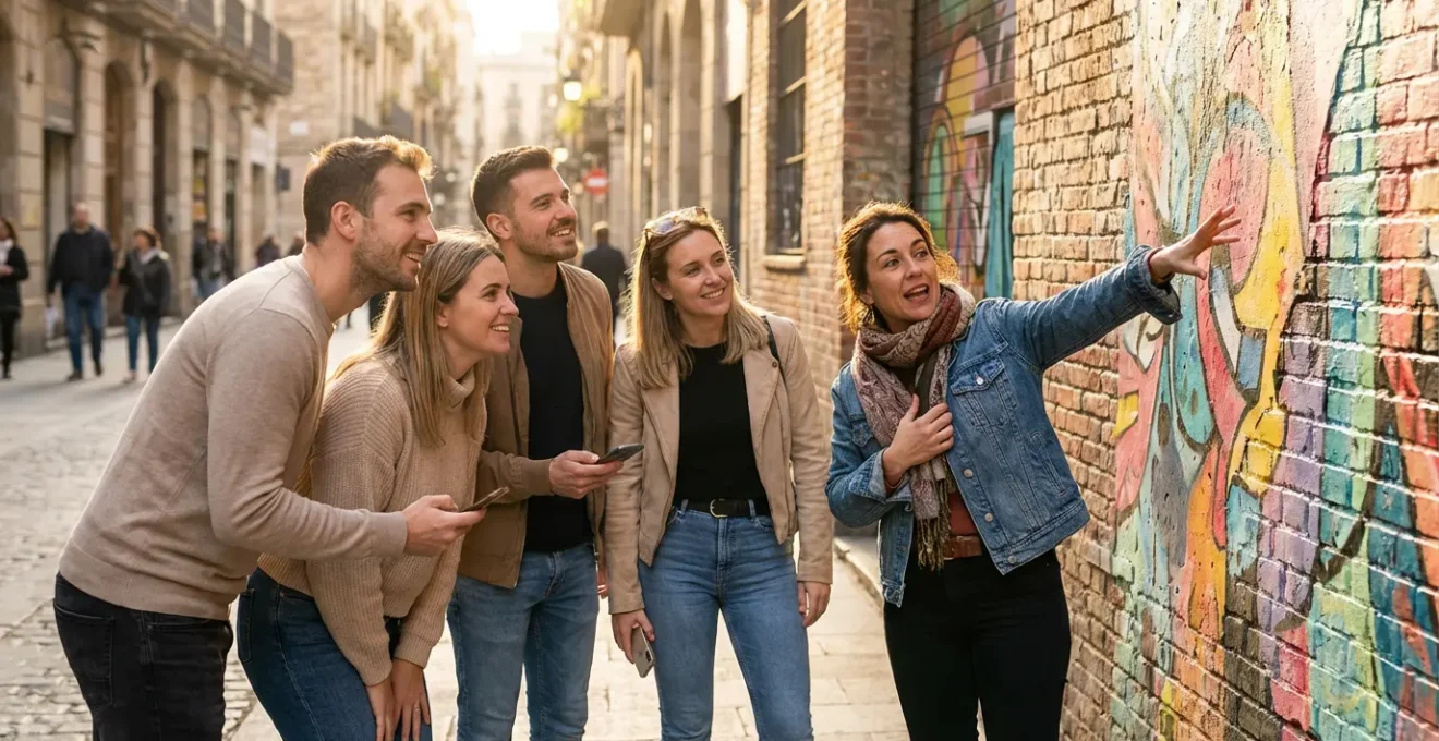 Petit groupe de visiteurs écoutant un guide devant une fresque murale colorée en milieu urbain