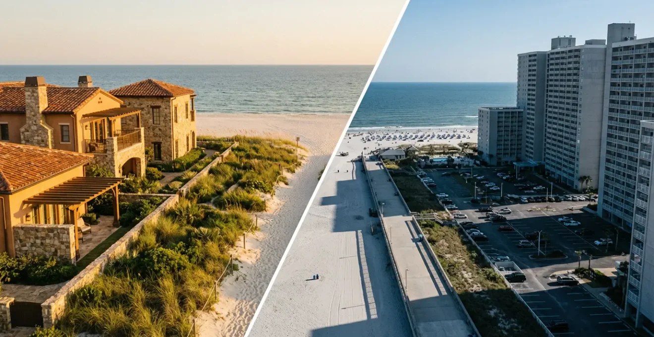 Comparaison entre un hôtel moderne face à la mer et un complexe bétonné sur une plage bondée