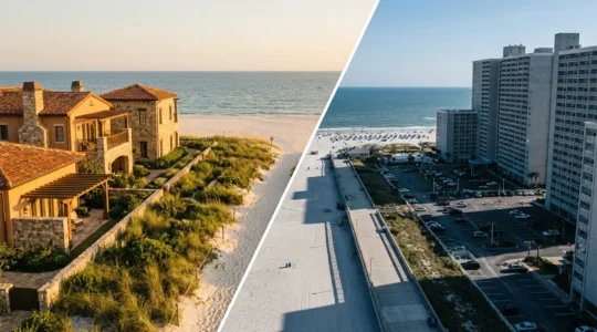 Comparaison entre un hôtel moderne face à la mer et un complexe bétonné sur une plage bondée
