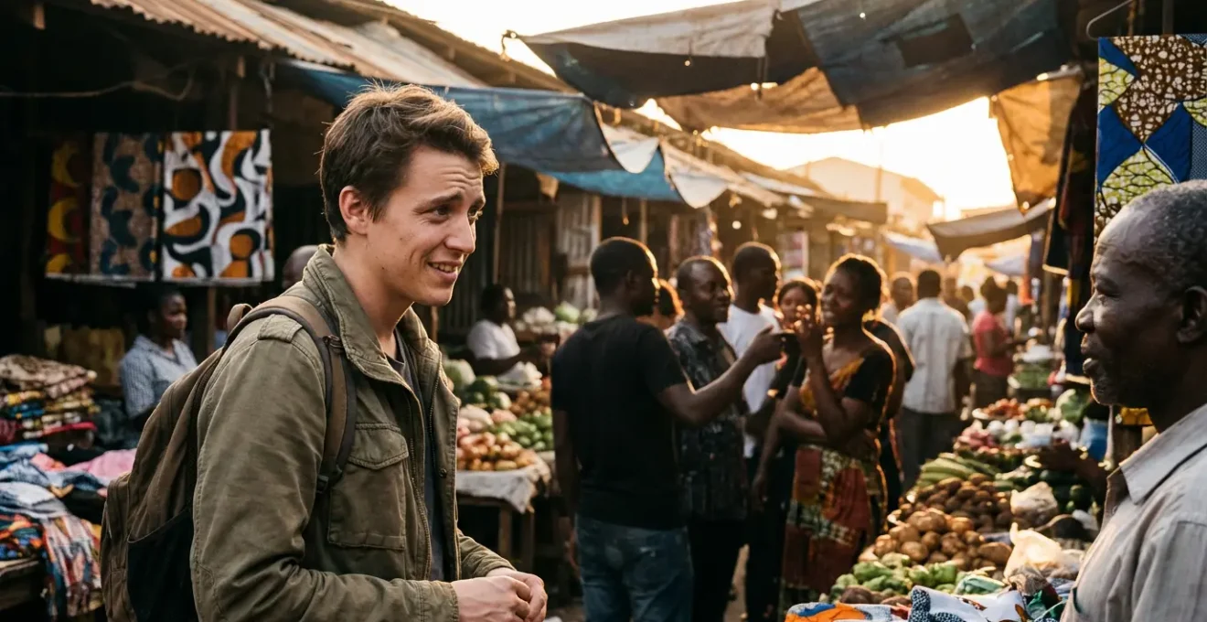 Personne immergée dans un environnement anglophone animé avec conversations naturelles et signalétique abstraite