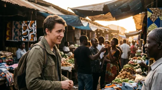 Personne immergée dans un environnement anglophone animé avec conversations naturelles et signalétique abstraite