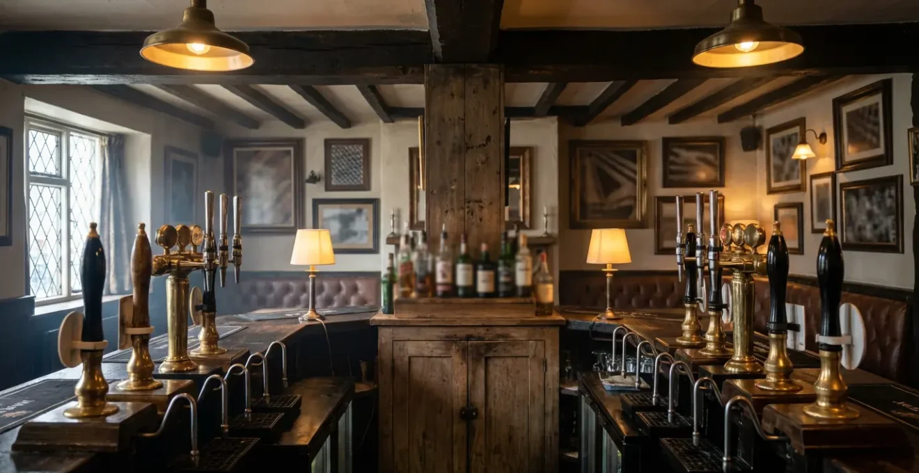 Intérieur chaleureux d'un pub anglais traditionnel avec poutres apparentes et éclairage tamisé