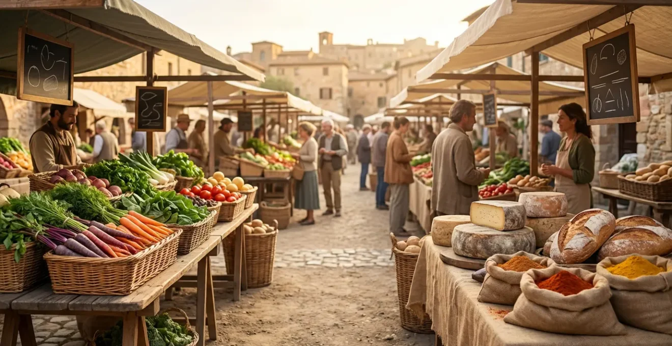 Scène de marché local animé avec étals de produits frais et spécialités régionales, touristes et locaux côte à côte