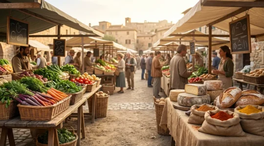 Scène de marché local animé avec étals de produits frais et spécialités régionales, touristes et locaux côte à côte