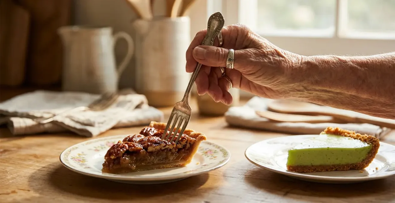 Tranches de Key Lime Pie et Pecan Pie présentées côte à côte sur une table rustique