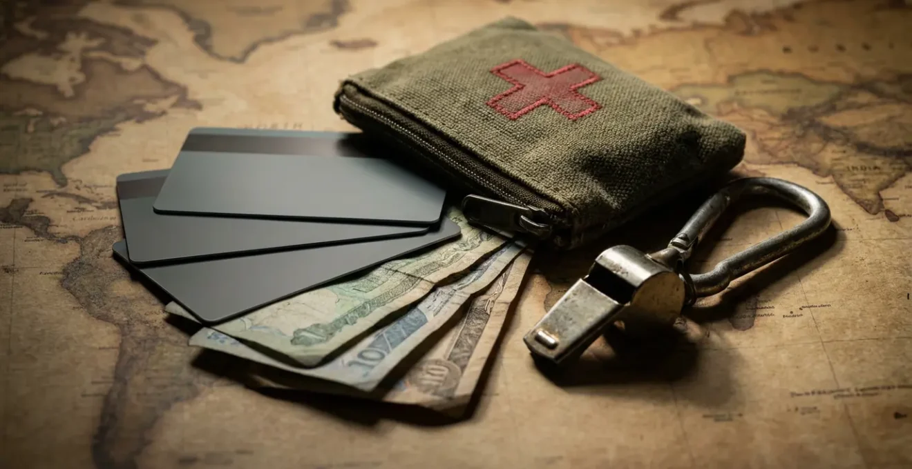 Kit d'urgence voyage méticuleusement organisé sur une carte du monde