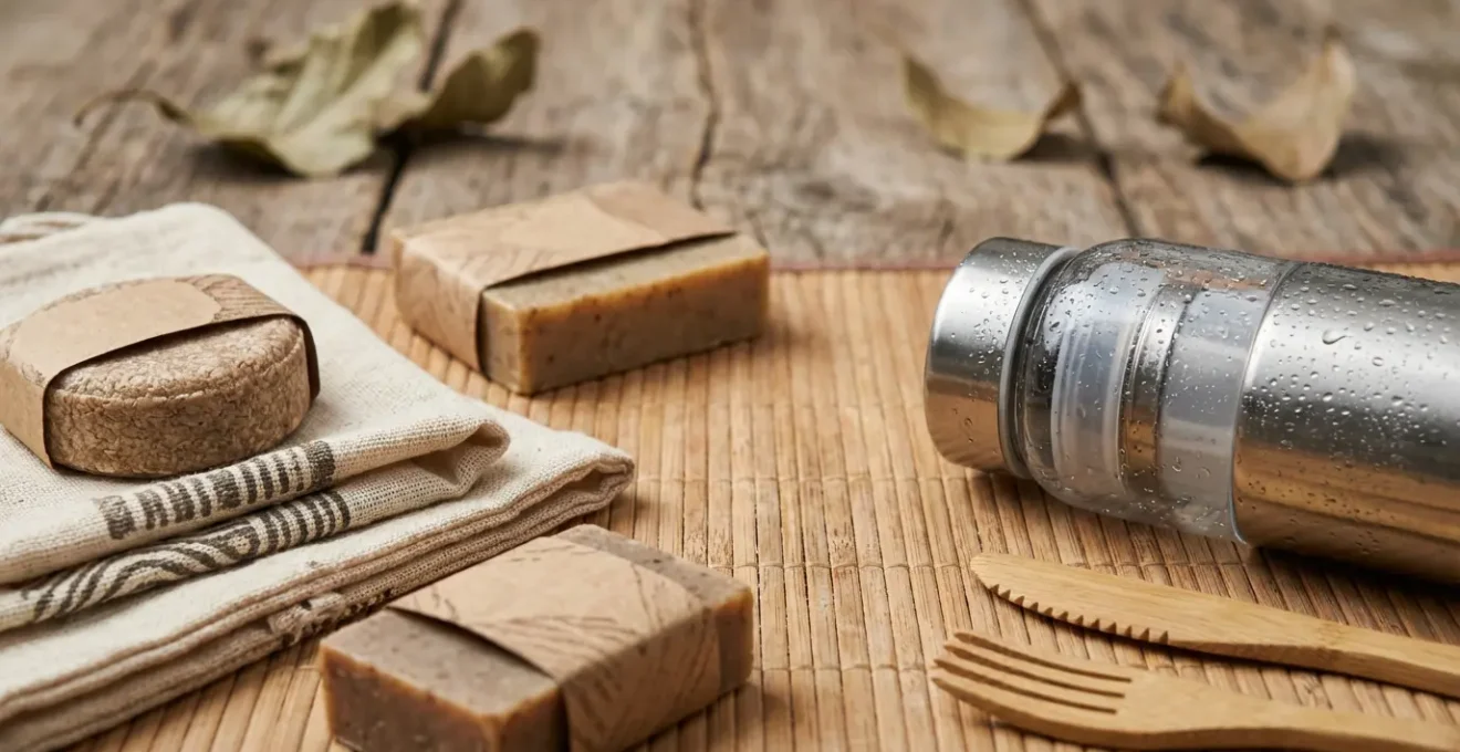 Kit de voyage zéro déchet avec cosmétiques solides et gourde filtrante sur surface naturelle