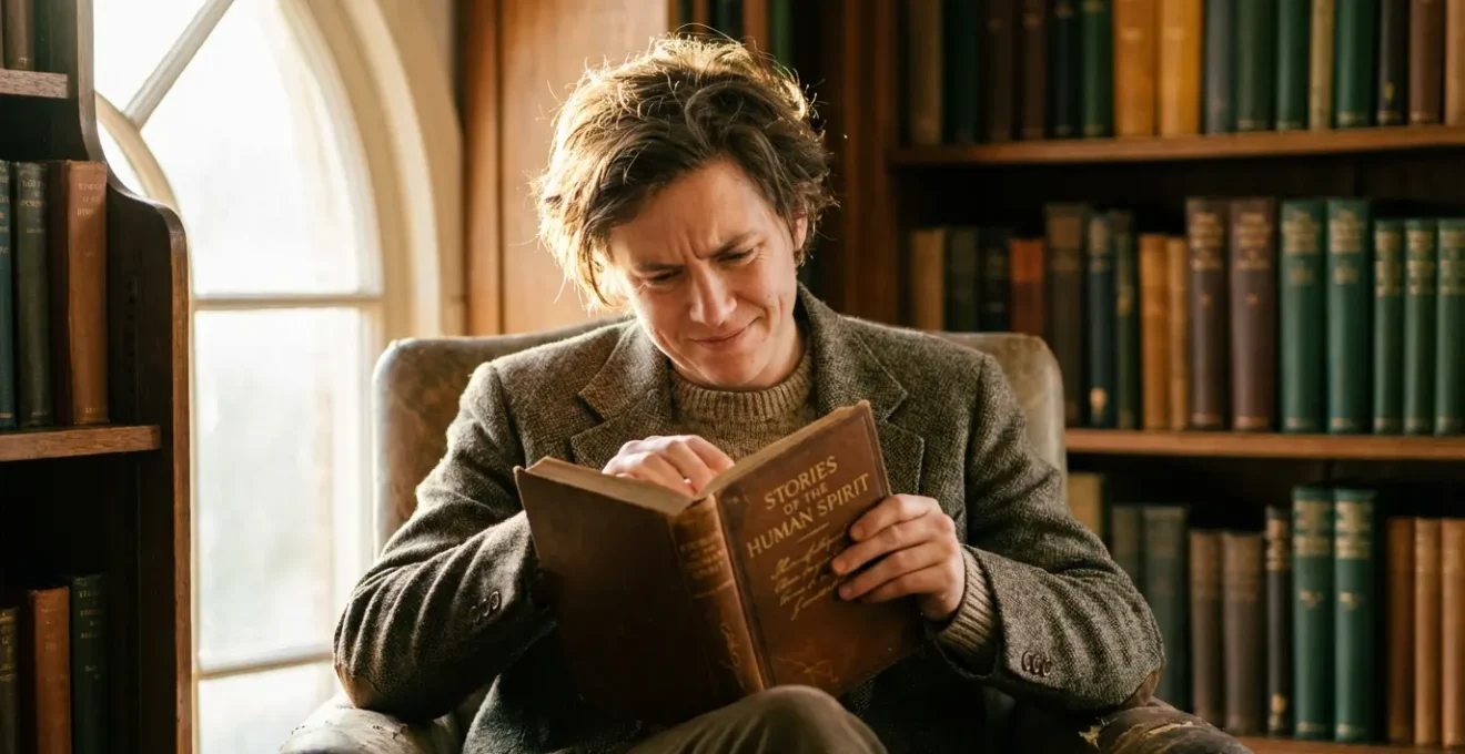 Personne absorbée dans la lecture d'un livre classique anglais dans une bibliothèque chaleureuse