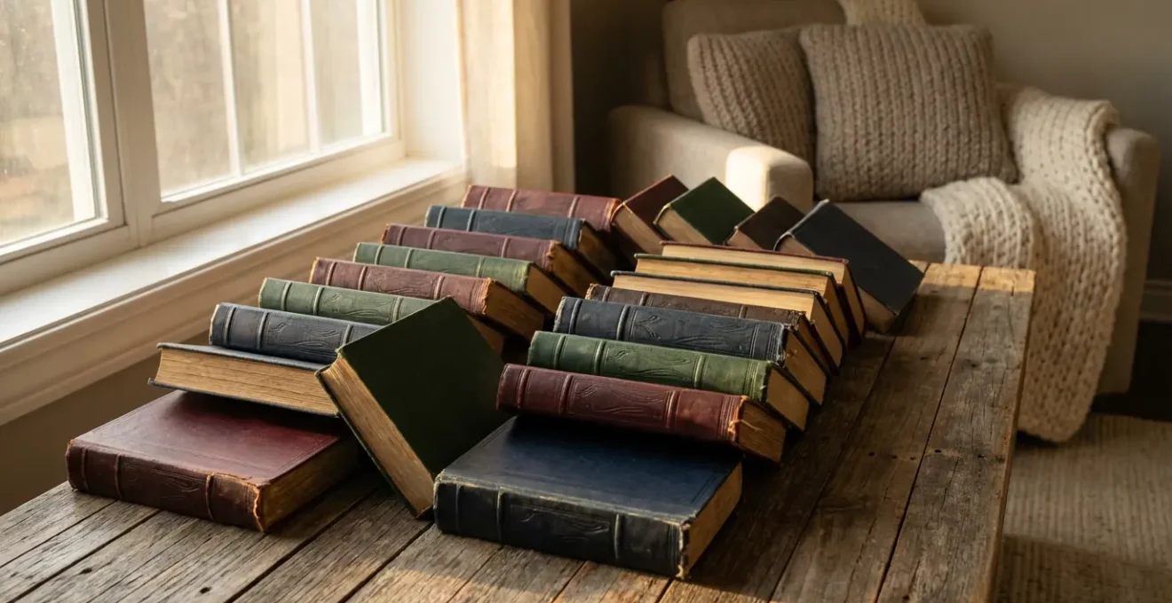 Collection de livres d'une saga fantasy disposés en éventail sur une table en bois