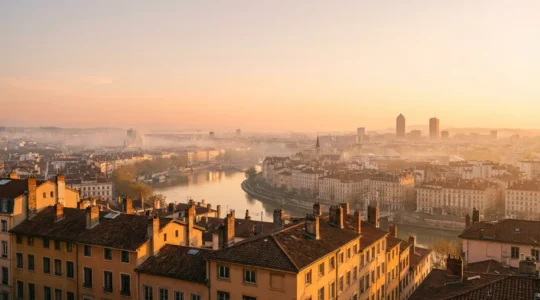 Vue panoramique de Lyon depuis Fourvière avec la Saône, les toits Renaissance et la Presqu'île