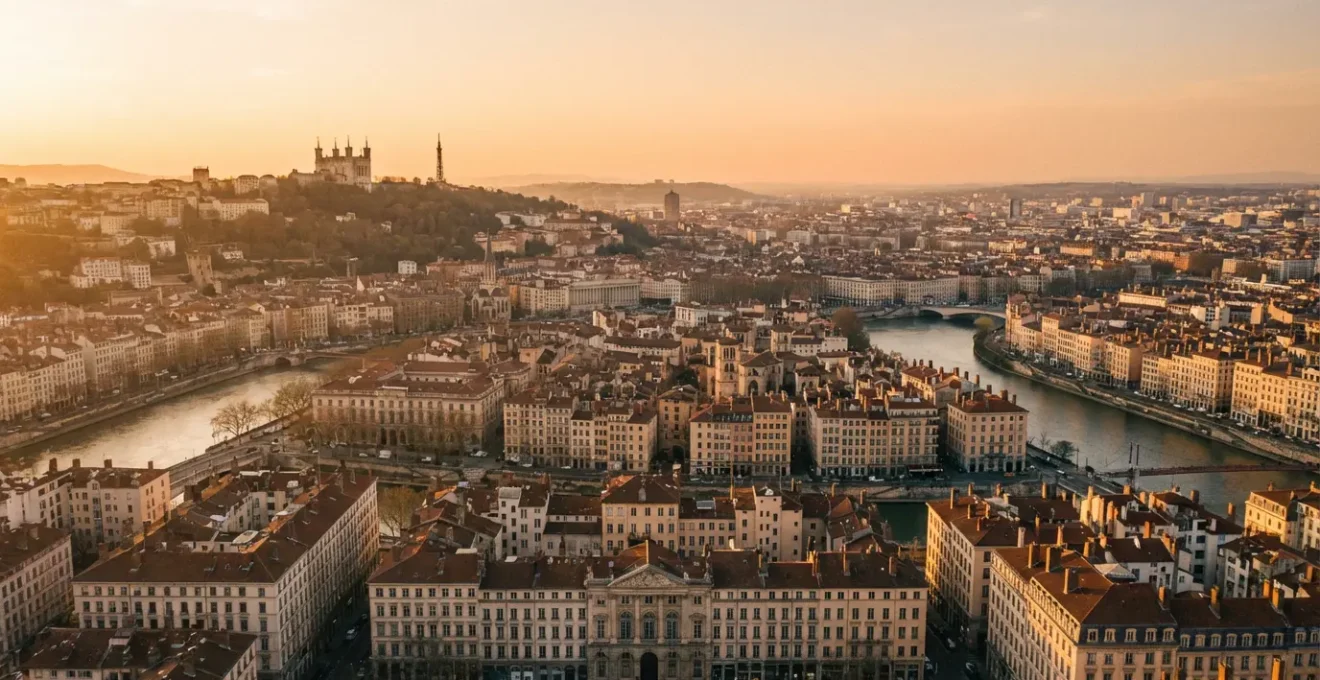 Vue panoramique de Lyon montrant la continuité urbaine depuis Fourvière jusqu'à la Presqu'île avec les deux fleuves