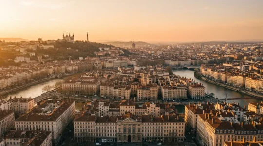 Vue panoramique de Lyon montrant la continuité urbaine depuis Fourvière jusqu'à la Presqu'île avec les deux fleuves