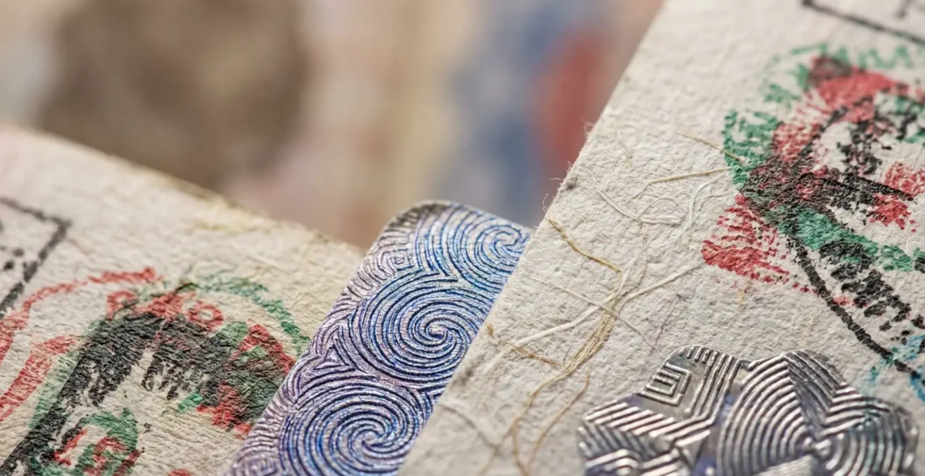 Gros plan macro sur des tampons de passeport et textures de documents officiels