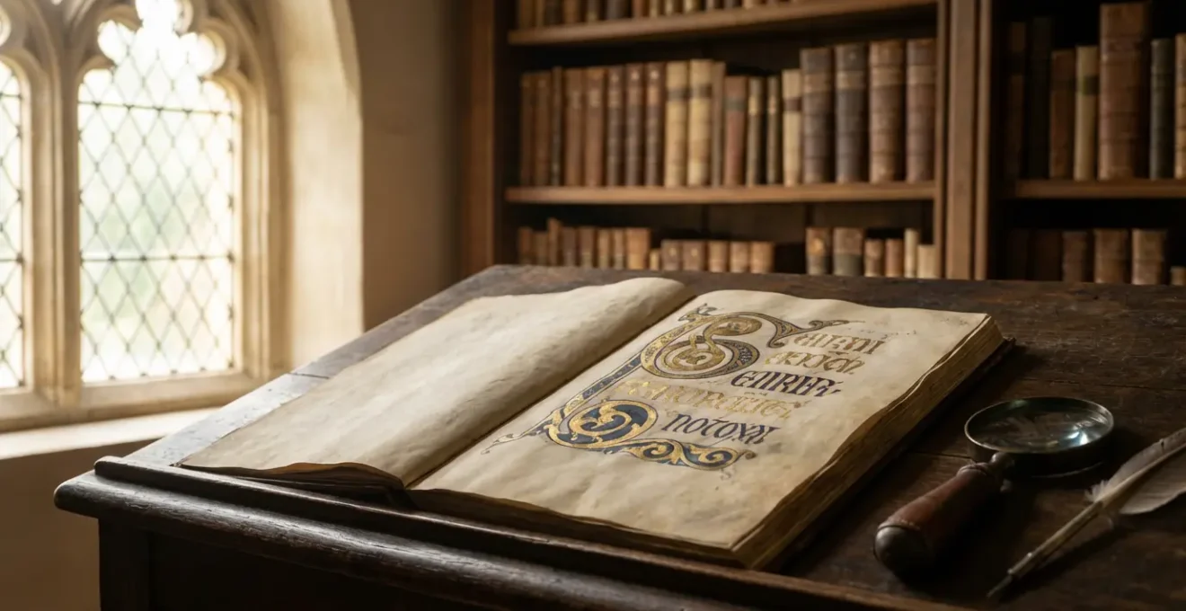 Manuscrit médiéval ouvert montrant des enluminures et de la calligraphie avec des mots en ancien français et en anglais