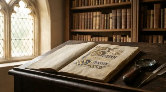 Manuscrit médiéval ouvert montrant des enluminures et de la calligraphie avec des mots en ancien français et en anglais